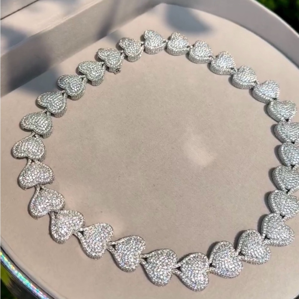 Silver Heart Link Necklace - 16inch Sparkling Pavé Hearts - Picture 3 of 3